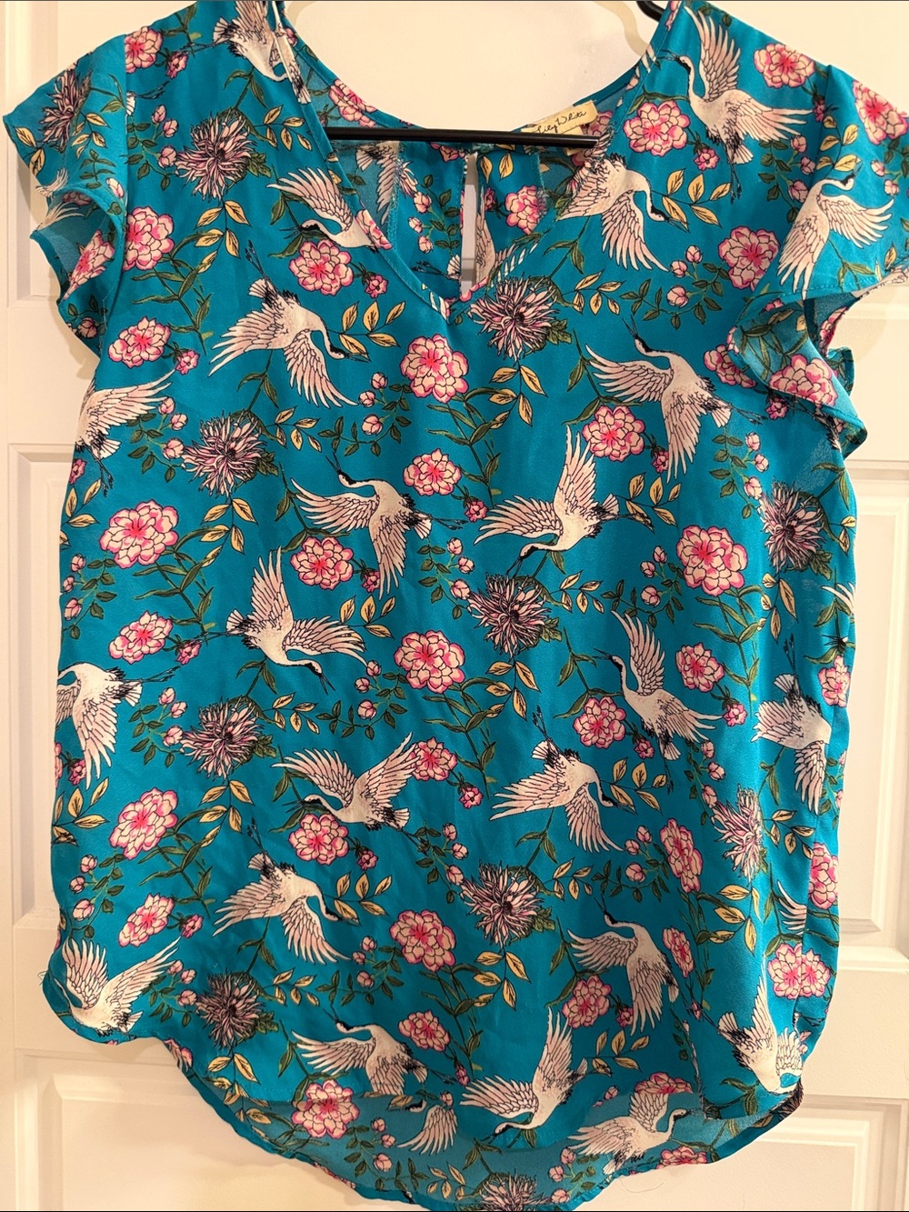 Lily White Teal Floral & Crane Flutter Sleeve Blouse